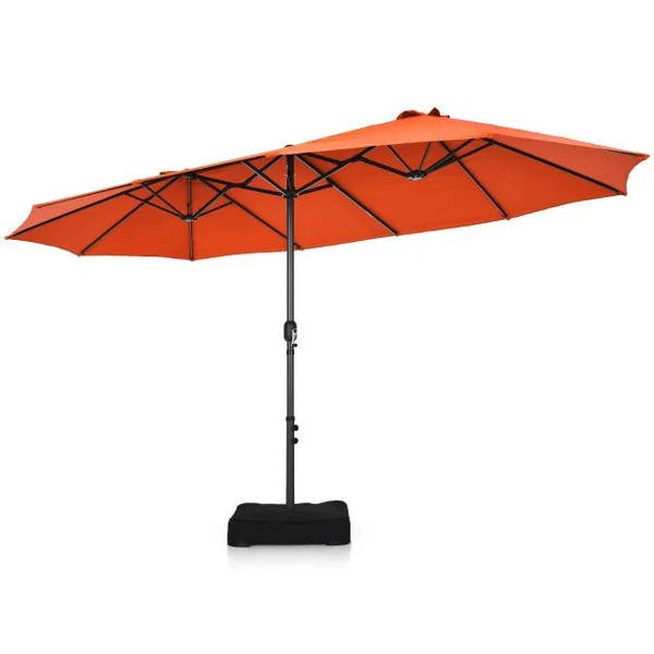 Parasol de Jardin Extérieur à 12 Côtes Base Renforcée Manivelle Poteau Métal Toile Polyester Parasol Plage pour Patio Orange