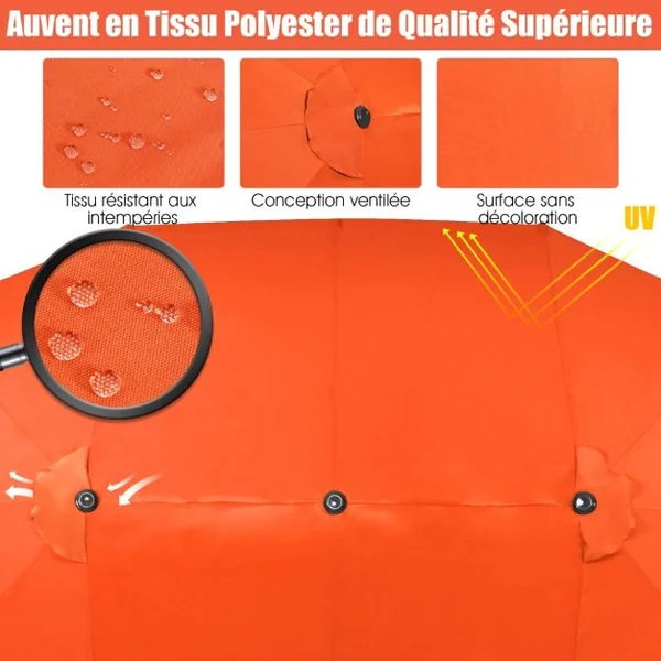 Parasol de Jardin Extérieur à 12 Côtes Base Renforcée Manivelle Poteau Métal Toile Polyester Parasol Plage pour Patio Orange