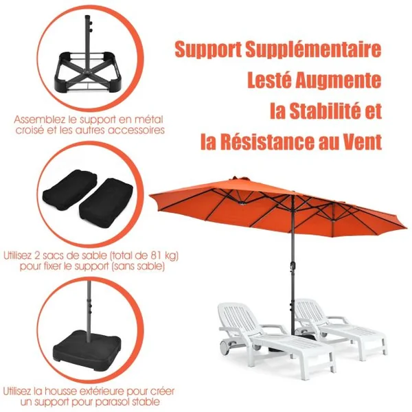 Parasol de Jardin Extérieur à 12 Côtes Base Renforcée Manivelle Poteau Métal Toile Polyester Parasol Plage pour Patio Orange