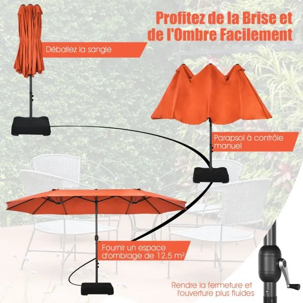 Parasol de Jardin Extérieur à 12 Côtes Base Renforcée Manivelle Poteau Métal Toile Polyester Parasol Plage pour Patio Orange