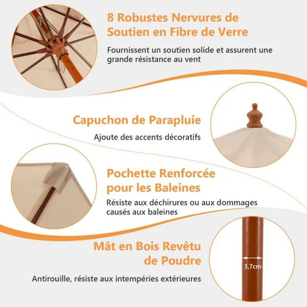 Parasol de Jardin Pliable 2,9M avec Mécanisme de Poulie à Corde Poteau en Bois 8 Baleines en Fibre de Verre pour Cour Bleu