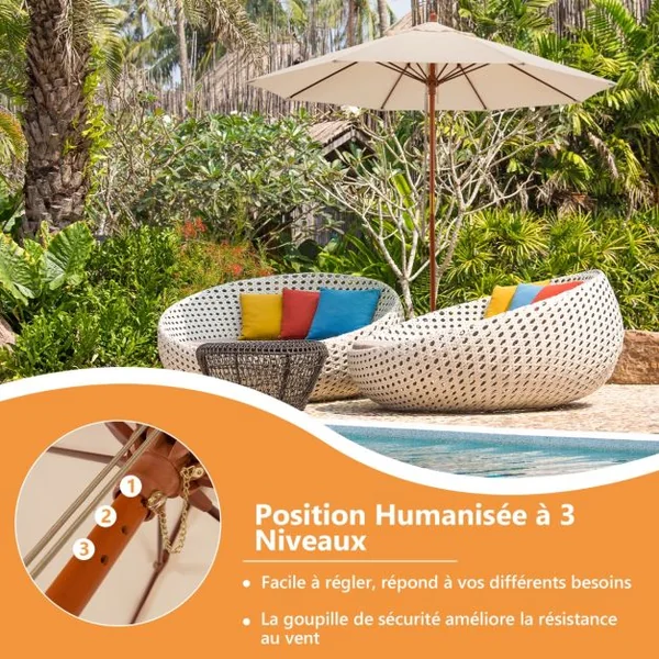 Parasol de Jardin Pliable 2,9M avec Mécanisme de Poulie à Corde Poteau en Bois 8 Baleines en Fibre de Verre pour Cour Bleu