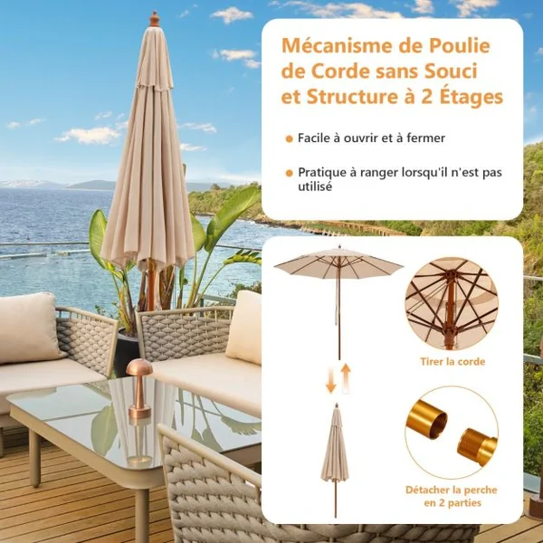 Parasol de Jardin Pliable 2,9M avec Mécanisme de Poulie à Corde Poteau en Bois 8 Baleines en Fibre de Verre pour Cour Bleu