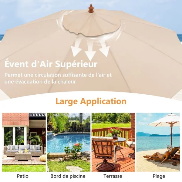 Parasol de Jardin Pliable 2,9M avec Mécanisme de Poulie à Corde Poteau en Bois 8 Baleines en Fibre de Verre pour Cour Bleu