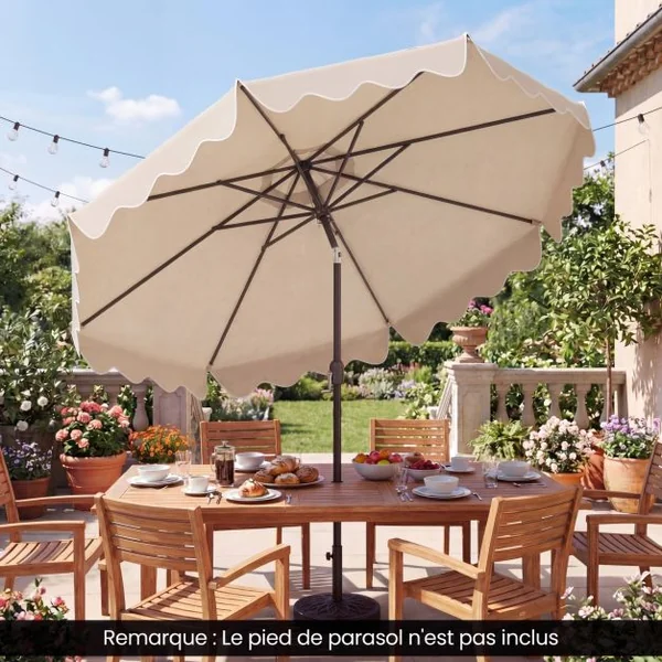Parasol de Patio 280 cm avec Manivelle Inclinaison par Bouton-Poussoir Bords Volants Parasol de Marché à Double Toit Beige