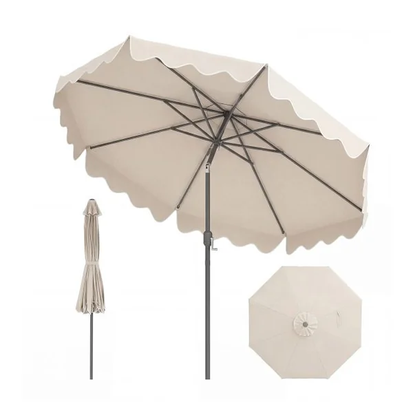 Parasol de Patio 280 cm avec Manivelle Inclinaison par Bouton-Poussoir Bords Volants Parasol de Marché à Double Toit Beige