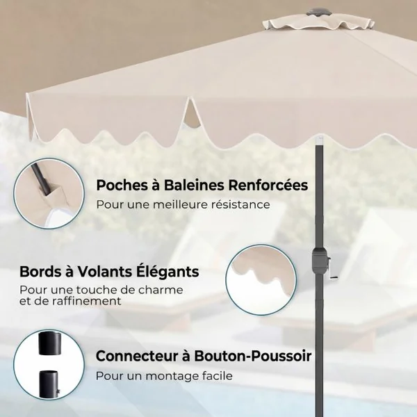 Parasol de Patio 280 cm avec Manivelle Inclinaison par Bouton-Poussoir Bords Volants Parasol de Marché à Double Toit Beige