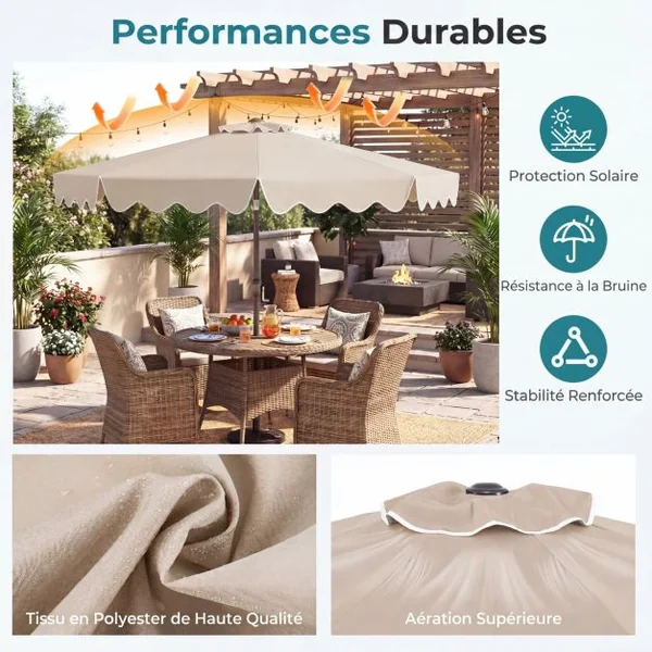 Parasol de Patio 280 cm avec Manivelle Inclinaison par Bouton-Poussoir Bords Volants Parasol de Marché à Double Toit Beige