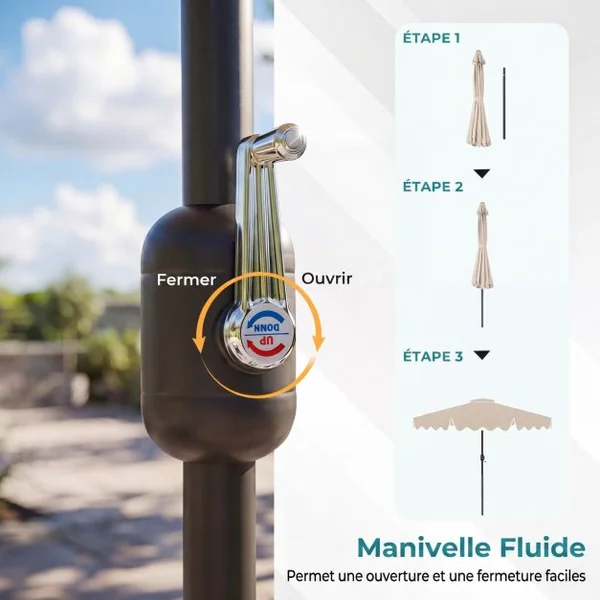 Parasol de Patio 280 cm avec Manivelle Inclinaison par Bouton-Poussoir Bords Volants Parasol de Marché à Double Toit Beige