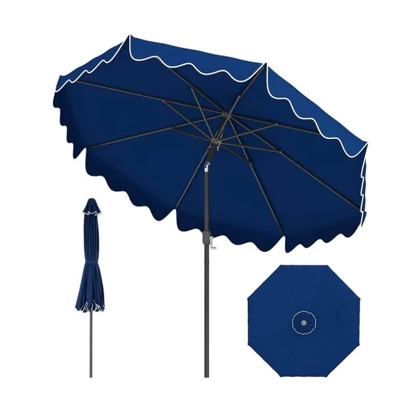 Parasol de Patio 280 cm avec Manivelle Inclinaison par Bouton-Poussoir Bords Volants Parasol de Marché à Double Toit Bleu