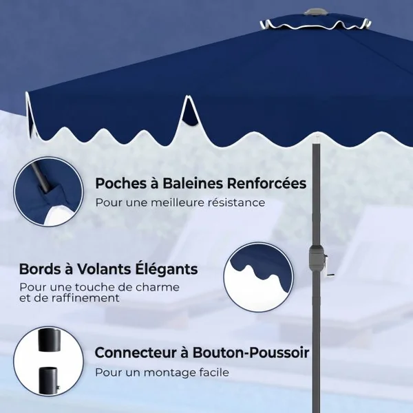 Parasol de Patio 280 cm avec Manivelle Inclinaison par Bouton-Poussoir Bords Volants Parasol de Marché à Double Toit Bleu