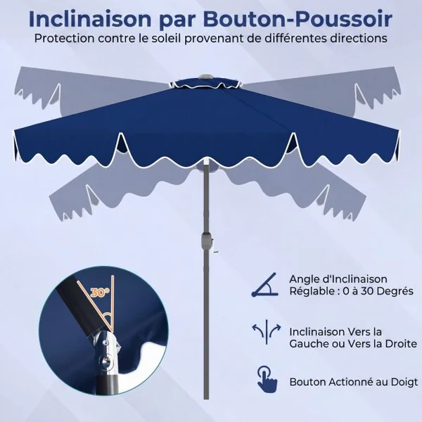 Parasol de Patio 280 cm avec Manivelle Inclinaison par Bouton-Poussoir Bords Volants Parasol de Marché à Double Toit Bleu
