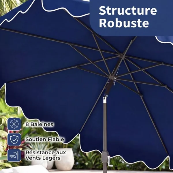 Parasol de Patio 280 cm avec Manivelle Inclinaison par Bouton-Poussoir Bords Volants Parasol de Marché à Double Toit Bleu