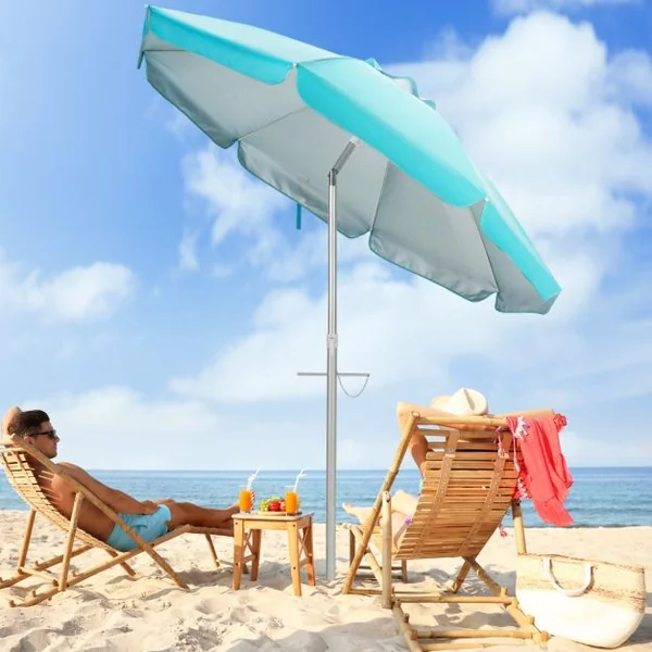 Parasol de Plage de 198 cm avec Bouton Poussoir Inclinable Ancrage pour Sable Sac de Transport Abri Solaire Coupe-Vent Bleu