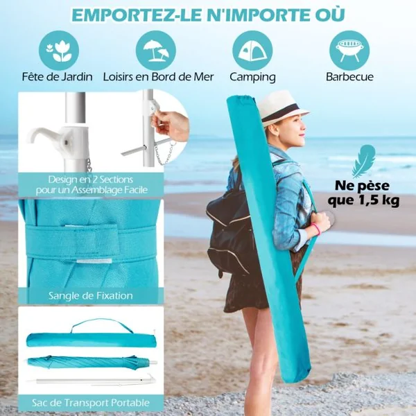 Parasol de Plage de 198 cm avec Bouton Poussoir Inclinable Ancrage pour Sable Sac de Transport Abri Solaire Coupe-Vent Bleu