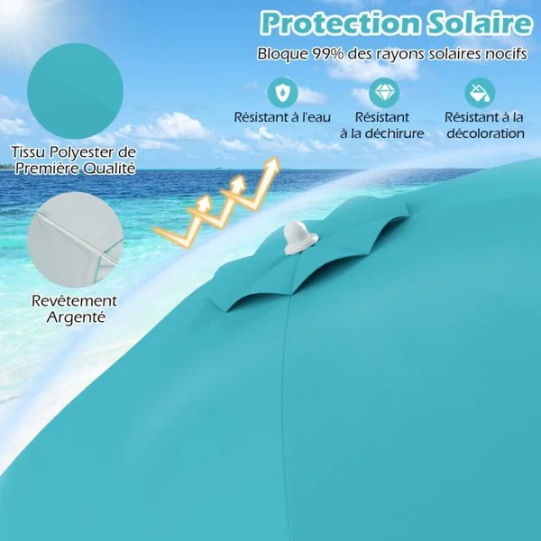 Parasol de Plage de 198 cm avec Bouton Poussoir Inclinable Ancrage pour Sable Sac de Transport Abri Solaire Coupe-Vent Bleu
