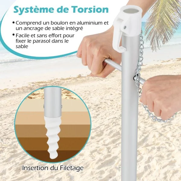 Parasol de Plage de 198 cm avec Bouton Poussoir Inclinable Ancrage pour Sable Sac de Transport Abri Solaire Coupe-Vent Bleu