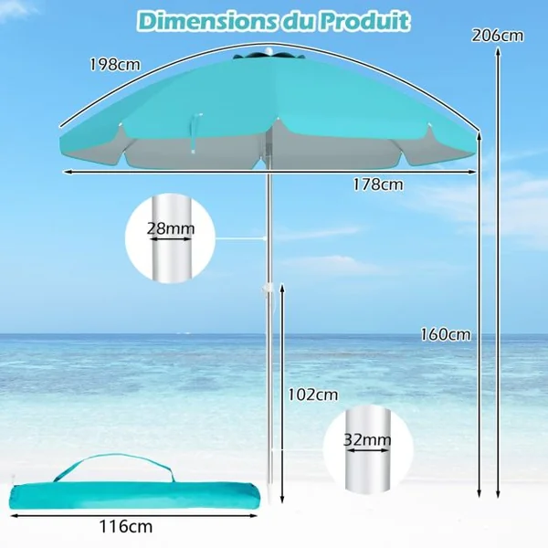 Parasol de Plage de 198 cm avec Bouton Poussoir Inclinable Ancrage pour Sable Sac de Transport Abri Solaire Coupe-Vent Bleu