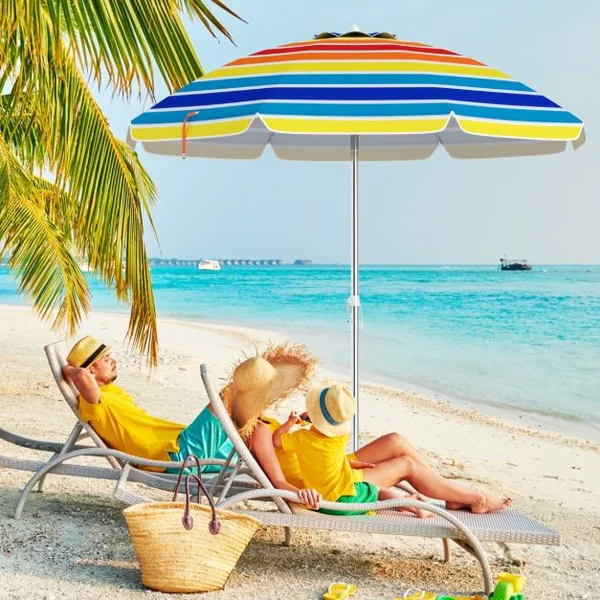 Parasol de Plage de 198 cm avec Bouton Poussoir Inclinable Ancrage pour Sable Sac de Transport Abri Solaire Coupe-Vent Coloré