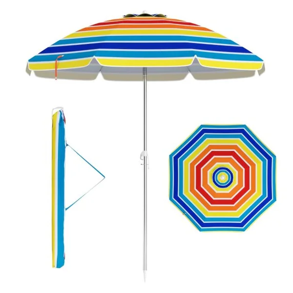 Parasol de Plage de 198 cm avec Bouton Poussoir Inclinable Ancrage pour Sable Sac de Transport Abri Solaire Coupe-Vent Coloré