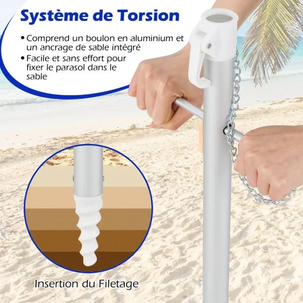 Parasol de Plage de 198 cm avec Bouton Poussoir Inclinable Ancrage pour Sable Sac de Transport Abri Solaire Coupe-Vent Coloré