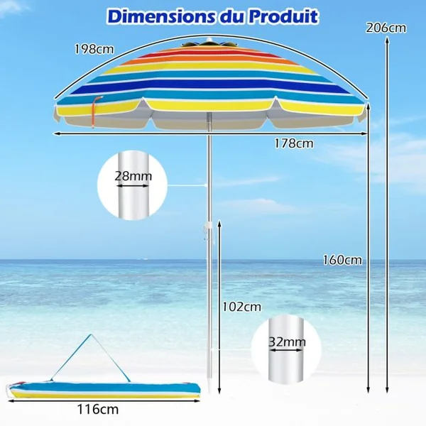 Parasol de Plage de 198 cm avec Bouton Poussoir Inclinable Ancrage pour Sable Sac de Transport Abri Solaire Coupe-Vent Coloré