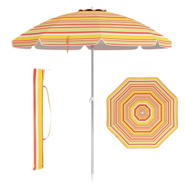 Parasol de Plage de 198 cm avec Bouton Poussoir Inclinable Ancrage pour Sable Sac de Transport Abri Solaire Coupe-Vent Jaune