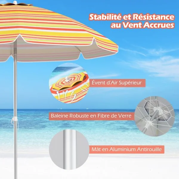 Parasol de Plage de 198 cm avec Bouton Poussoir Inclinable Ancrage pour Sable Sac de Transport Abri Solaire Coupe-Vent Jaune