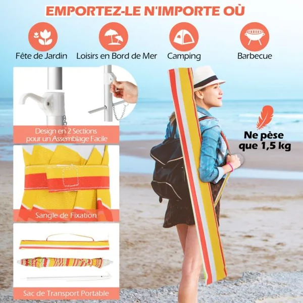 Parasol de Plage de 198 cm avec Bouton Poussoir Inclinable Ancrage pour Sable Sac de Transport Abri Solaire Coupe-Vent Jaune