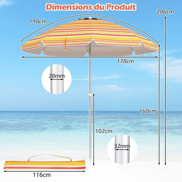 Parasol de Plage de 198 cm avec Bouton Poussoir Inclinable Ancrage pour Sable Sac de Transport Abri Solaire Coupe-Vent Jaune
