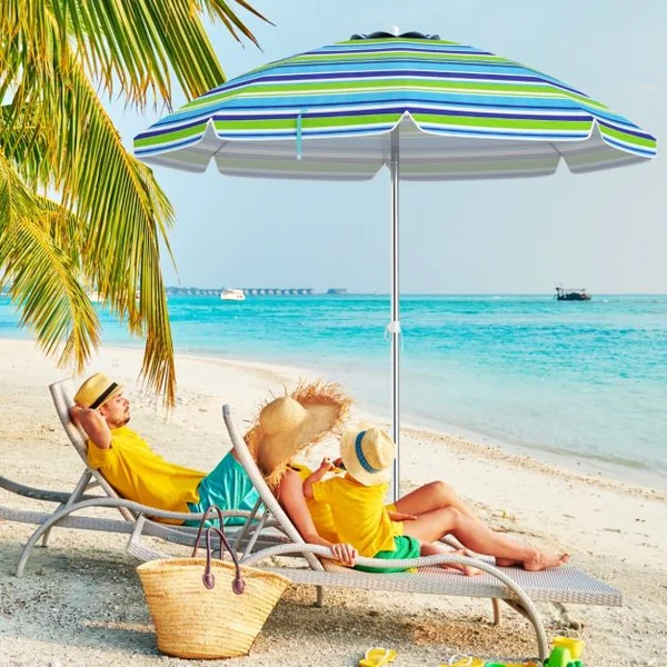 Parasol de Plage de 198 cm avec Bouton Poussoir Inclinable Ancrage pour Sable Sac de Transport Abri Solaire Coupe-Vent Vert