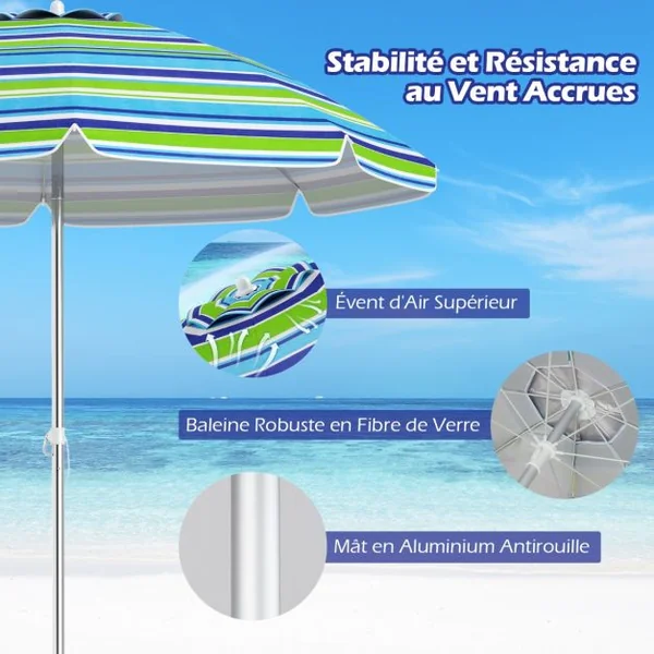 Parasol de Plage de 198 cm avec Bouton Poussoir Inclinable Ancrage pour Sable Sac de Transport Abri Solaire Coupe-Vent Vert