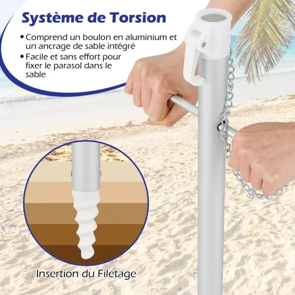 Parasol de Plage de 198 cm avec Bouton Poussoir Inclinable Ancrage pour Sable Sac de Transport Abri Solaire Coupe-Vent Vert