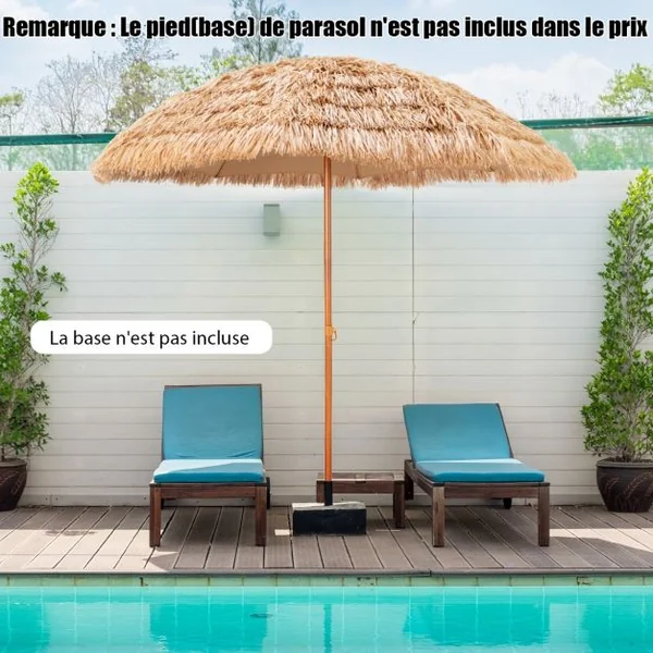 Parasol de Plage en Chaume PP 7 Couches 243CM de Style Hawaïen Parasol Tropical Portable 8 Baleines en Métal Bouton-Pression Imperméable pour Cour Bord de Piscine