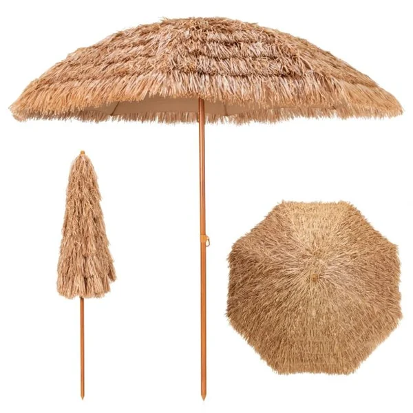 Parasol de Plage en Chaume PP 7 Couches 243CM de Style Hawaïen Parasol Tropical Portable 8 Baleines en Métal Bouton-Pression Imperméable pour Cour Bord de Piscine