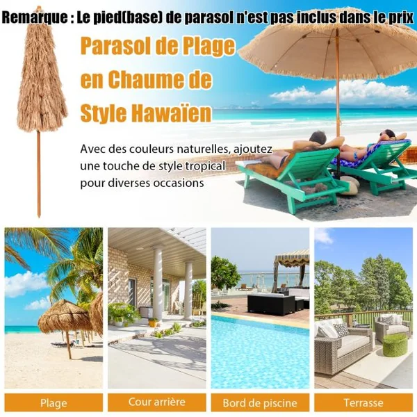 Parasol de Plage en Chaume PP 7 Couches 243CM de Style Hawaïen Parasol Tropical Portable 8 Baleines en Métal Bouton-Pression Imperméable pour Cour Bord de Piscine