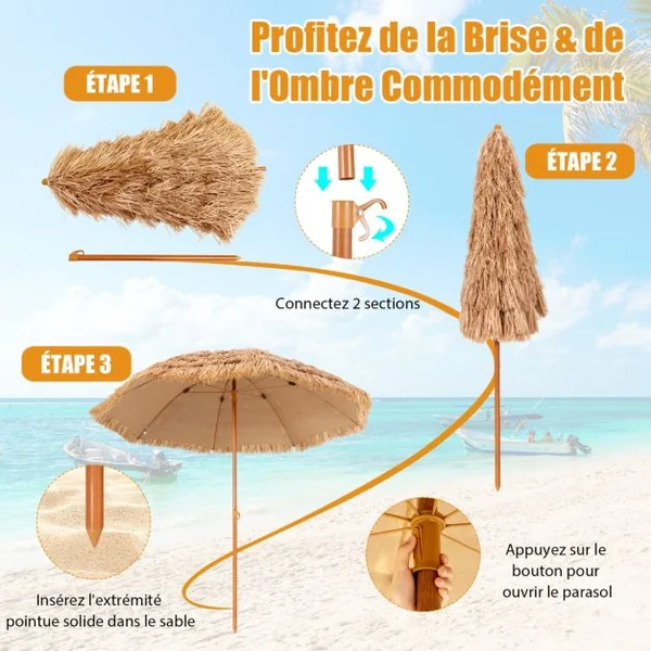Parasol de Plage en Chaume PP 7 Couches 243CM de Style Hawaïen Parasol Tropical Portable 8 Baleines en Métal Bouton-Pression Imperméable pour Cour Bord de Piscine