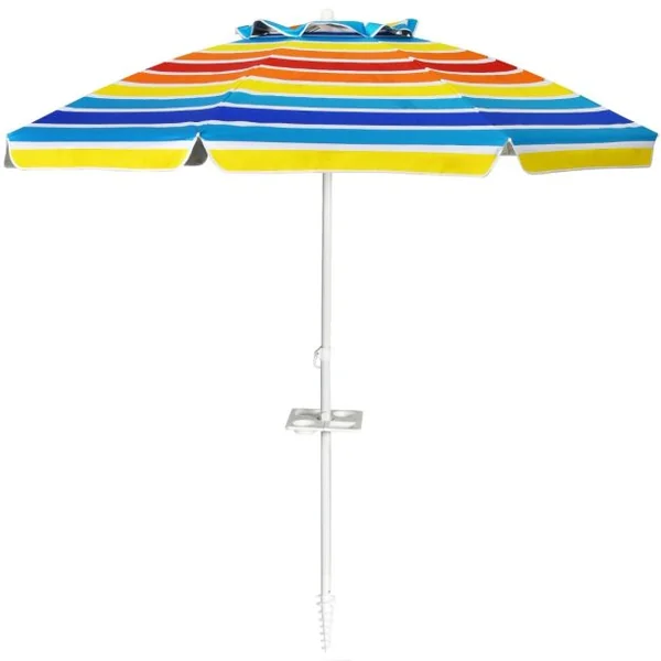 Parasol de Plage Inclinable 2,2 M avec Porte-Gobelet et Protection Solaire UPF50 + Parasol Portable Bleu/Multicolore/Bleu Foncé