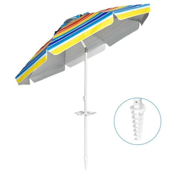 Parasol de Plage Inclinable 2,2 M avec Porte-Gobelet et Protection Solaire UPF50 + Parasol Portable Bleu/Multicolore/Bleu Foncé
