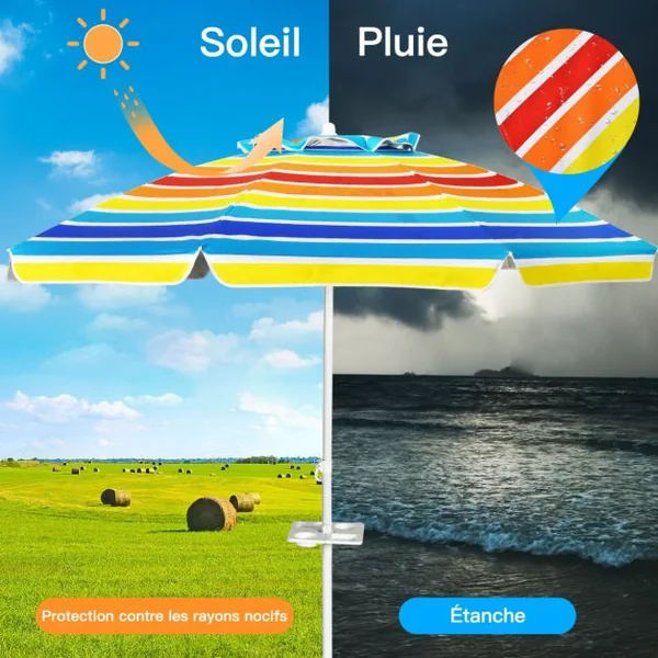 Parasol de Plage Inclinable 2,2 M avec Porte-Gobelet et Protection Solaire UPF50 + Parasol Portable Bleu/Multicolore/Bleu Foncé