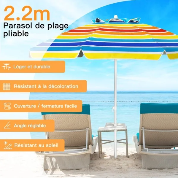 Parasol de Plage Inclinable 2,2 M avec Porte-Gobelet et Protection Solaire UPF50 + Parasol Portable Bleu/Multicolore/Bleu Foncé
