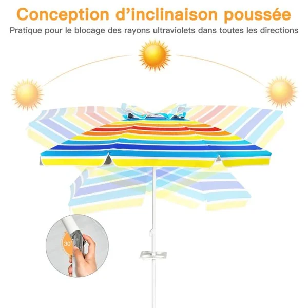 Parasol de Plage Inclinable 2,2 M avec Porte-Gobelet et Protection Solaire UPF50 + Parasol Portable Bleu/Multicolore/Bleu Foncé