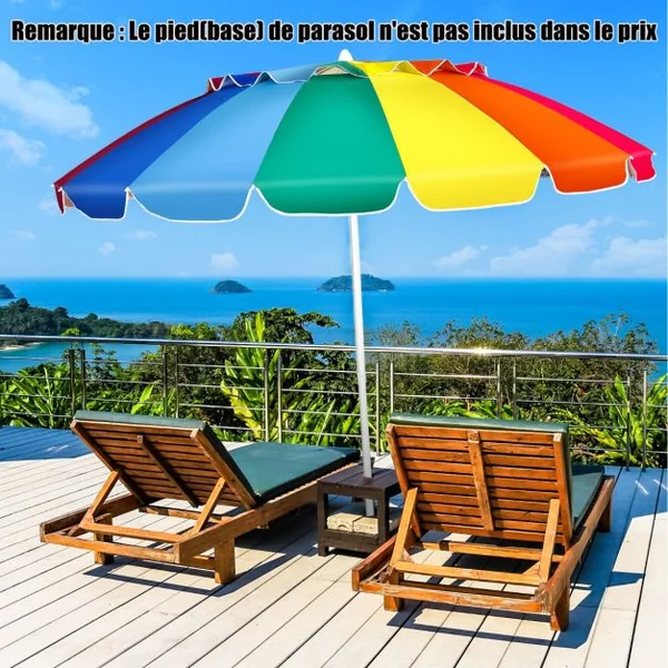 Parasol de Plage Inclinable 2,45 M Protection UPF 50+ Baleines en Fibre de Verre avec Sac Pied Amovible Bleu et Violet/Multicolore/Bleu