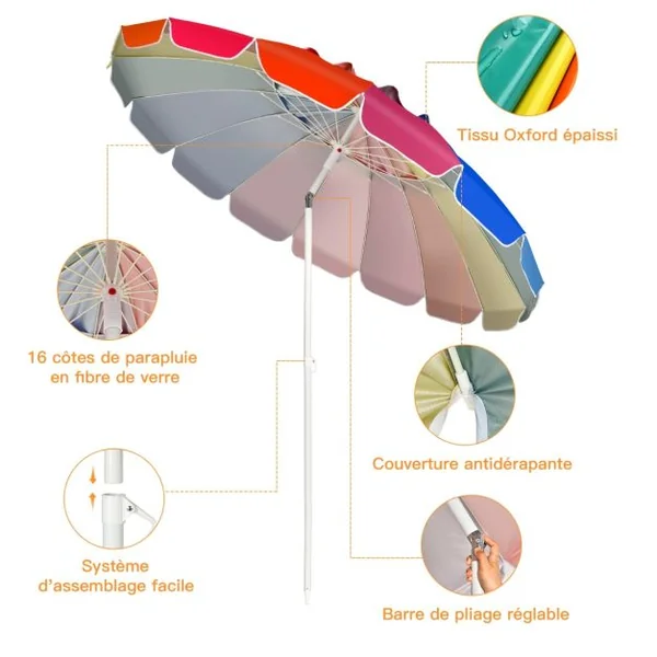 Parasol de Plage Inclinable 2,45 M Protection UPF 50+ Baleines en Fibre de Verre avec Sac Pied Amovible Bleu et Violet/Multicolore/Bleu