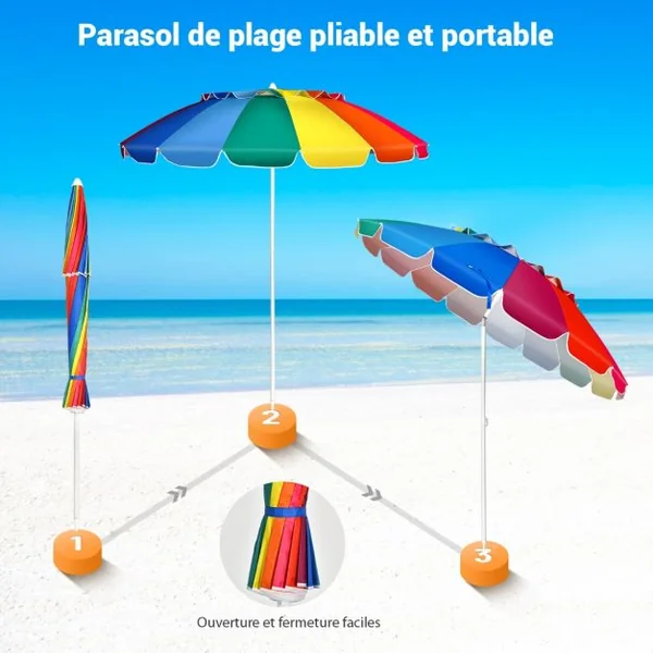 Parasol de Plage Inclinable 2,45 M Protection UPF 50+ Baleines en Fibre de Verre avec Sac Pied Amovible Bleu et Violet/Multicolore/Bleu