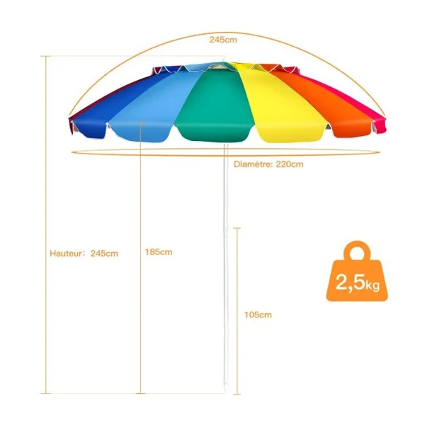 Parasol de Plage Inclinable 2,45 M Protection UPF 50+ Baleines en Fibre de Verre avec Sac Pied Amovible Bleu et Violet/Multicolore/Bleu