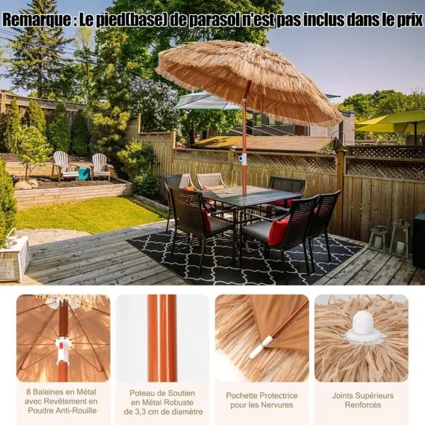 Parasol de terrasse en chaume, parasol tiki hawaïen de 175 cm avec sac de transport design inclinable parasol de table ou de marché extérieur pliable et portable