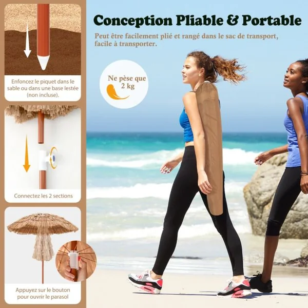 Parasol de terrasse en chaume, parasol tiki hawaïen de 175 cm avec sac de transport design inclinable parasol de table ou de marché extérieur pliable et portable