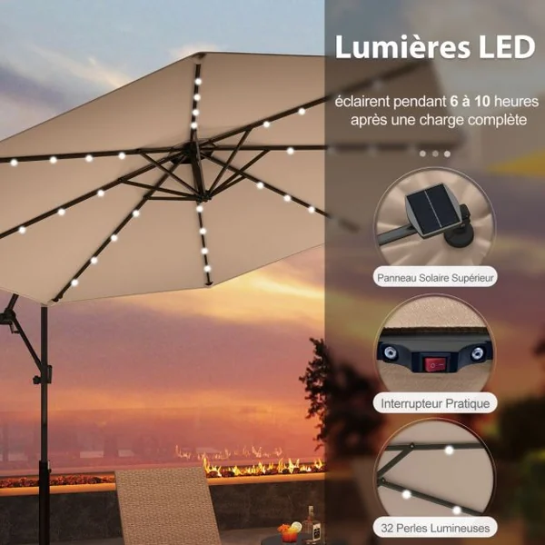 Parasol Déporté 3M avec 24 Lumières LED Solaires Rotatif 360° Angle Réglage Base Croisée Manivelle Poteau en Aluminium 8 Couleurs au Choix
