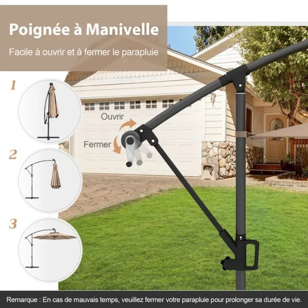Parasol Déporté 3M avec 24 Lumières LED Solaires Rotatif 360° Angle Réglage Base Croisée Manivelle Poteau en Aluminium 8 Couleurs au Choix